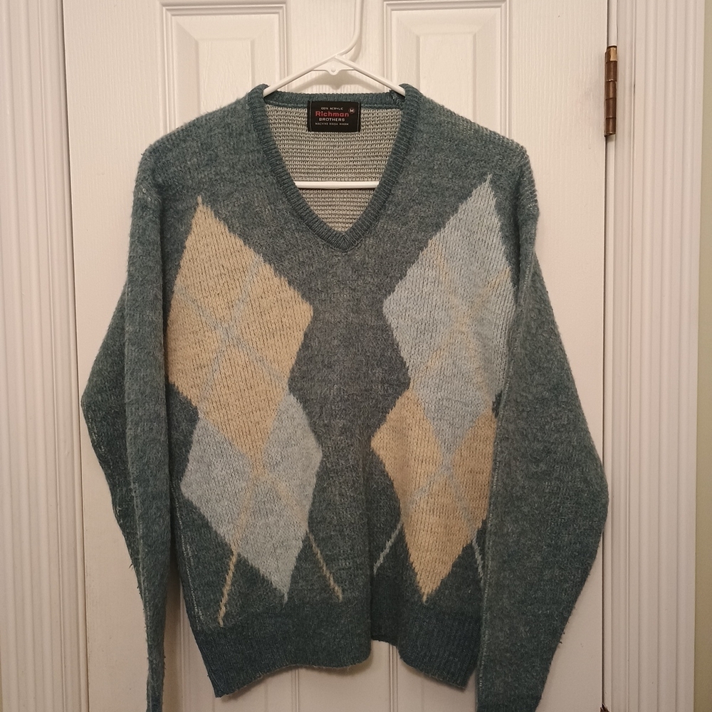 Men's Argyle Sweater - Teal and Beige